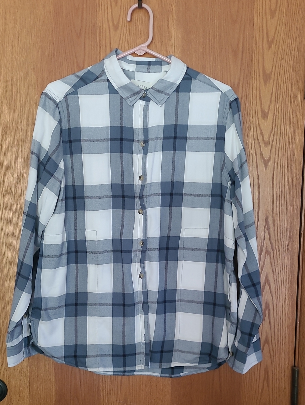 JACHS Girlfriend Blue and White Plaid Relaxed Button-Down Shirt